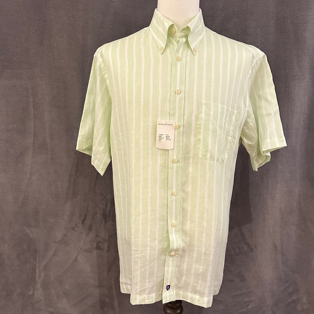 Henry Jacobson sage/natural linen sport shirt, short sleeves.